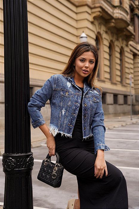 Jaqueta Jeans Stonado Pedraria JN