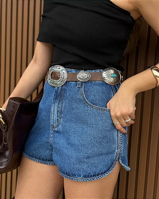 Shorts Jeans Escuro Detalhe Lateral MOM