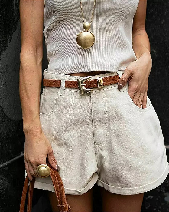 Shorts Jeans Elástico Costas MOM Bege