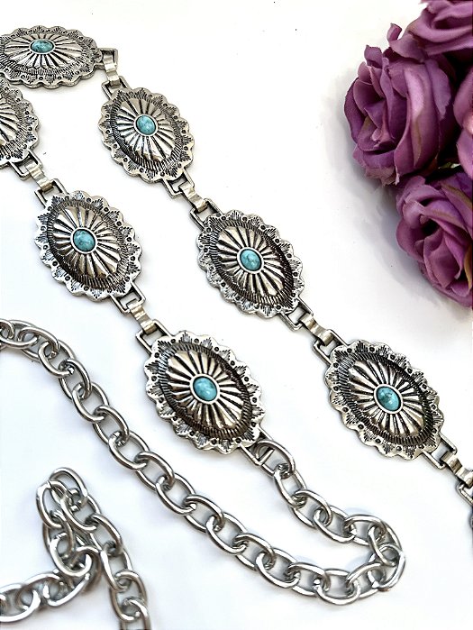 Cinto Metal Boho Pedra Turquesa