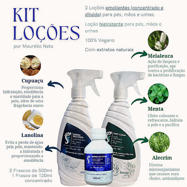 Kit Loções - Emoliente e Higienizante (SUPER OFERTA) DERMO SOLUTION, FEET CLEAN E DERMO SOLUTION CONCENTRADO