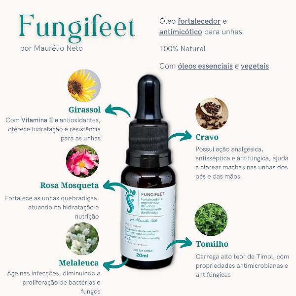 Fungifeet antimicótico fortalecedor e regenerador de unhas fracas com micose e fungo 100% natural 20mL podólogo Maurélio