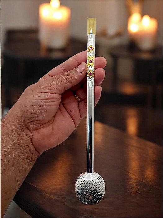 Bomba Chimarrão Prata 600 Ouro 12k 3 Flores