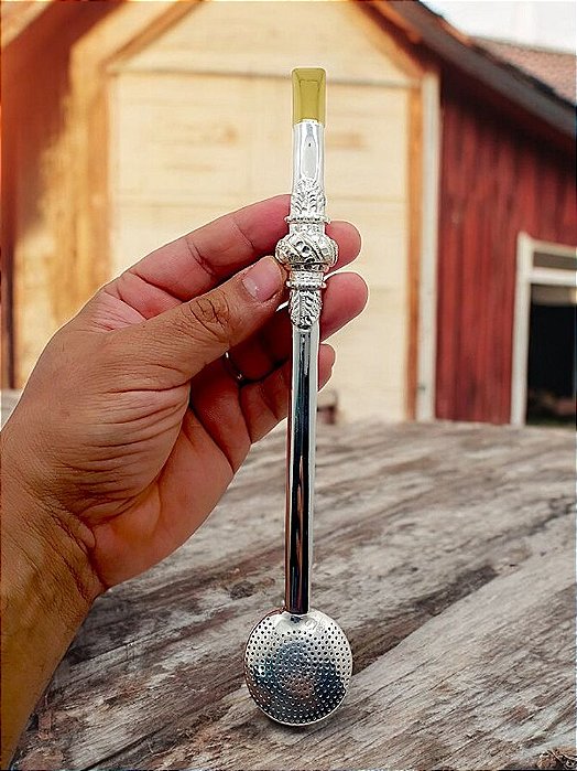 Bomba Chimarrão Cano Chato com anel Prata 600  Ouro 12k