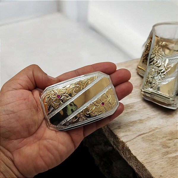 Fivela De Cinto Em Prata E Ouro Chapa Gravação Grande