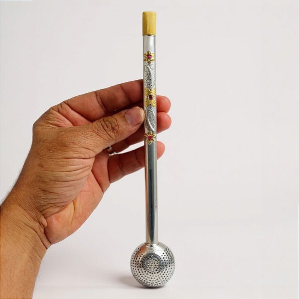 Bomba Chimarrão Prata 600 Ouro 12k com 3 flores de ouro e pedras vermelhas