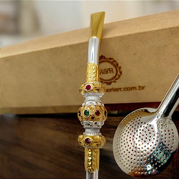 Bomba Chimarrão Exclusiva em Prata de Lei  950 e ouro 18k lâminado com 10 rubis Naturais e 1 pedra de Esmeralda Natural