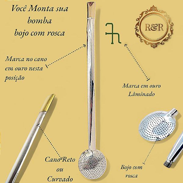 Bomba de Chimarrão de prata com sua Marca em ouro Lâminado