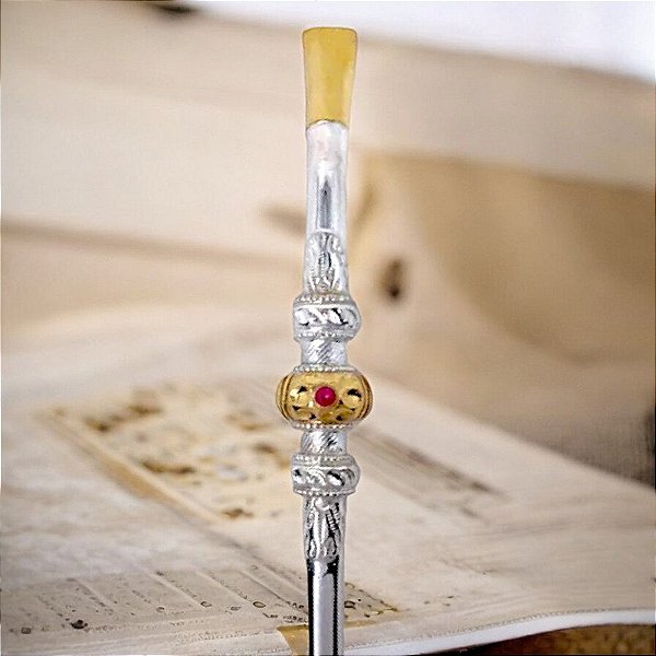 Bomba Chimarrão Prata 600 com 1 anel Ouro lâminado e 2 anéis em prata