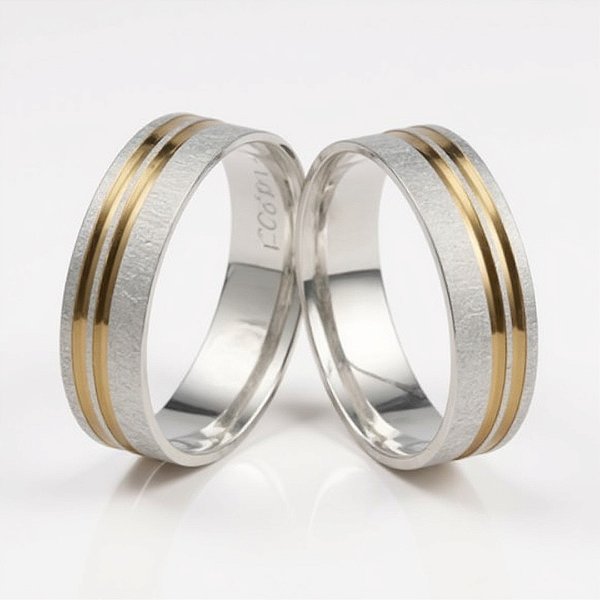 Par de Aliança acetinada com dois fios em ouro prata de Lei