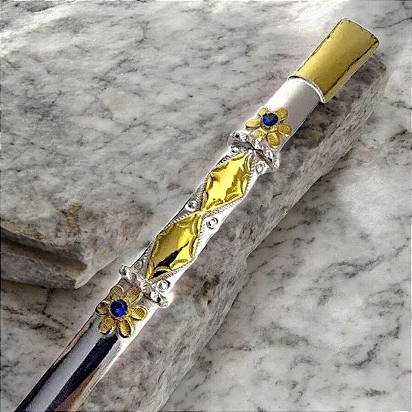 Bomba Chimarrão Flor Pedra Azul Prata 600 Ouro 12k