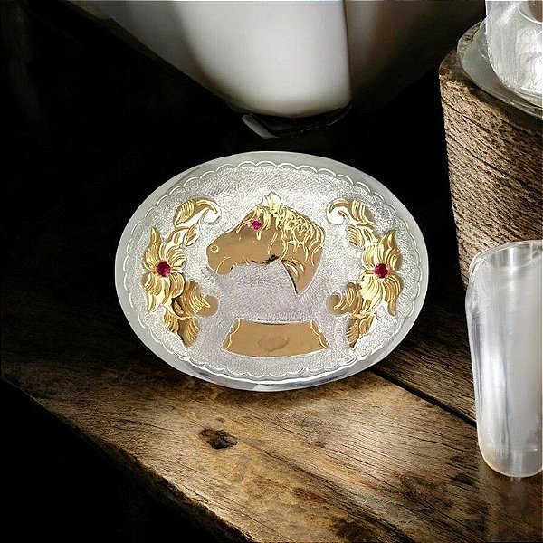 Fivela Cinto Cauntry Prata 600 Ouro Cavalo Chapa Gravar Oval