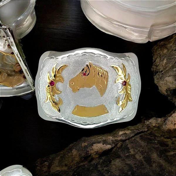 Fivela Cinto Cauntry Prata 600 Ouro Cavalo Retangular