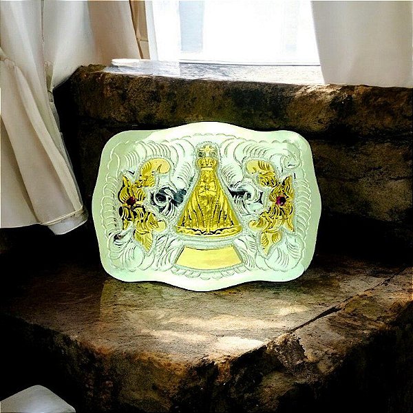 Fivela Cinto Cauntry Prata 600 Ouro Nossa senhora Retangular
