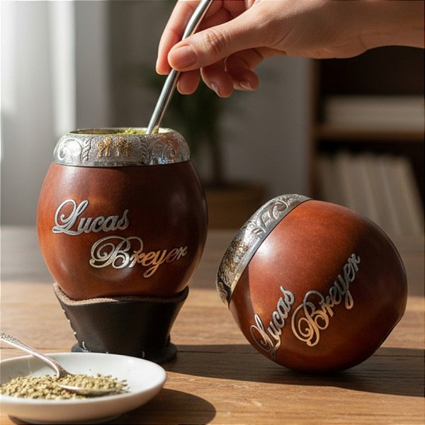 Cuia coco Uruguaio  Prata 600 com nomes de prata entalhado dentro da cuia