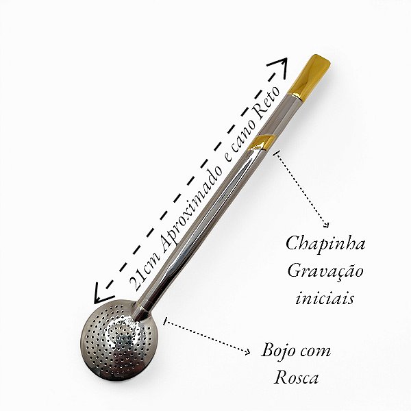 Bomba Mate de Inox chapinha Gravação de ouro 24k Cano Reto 21CM