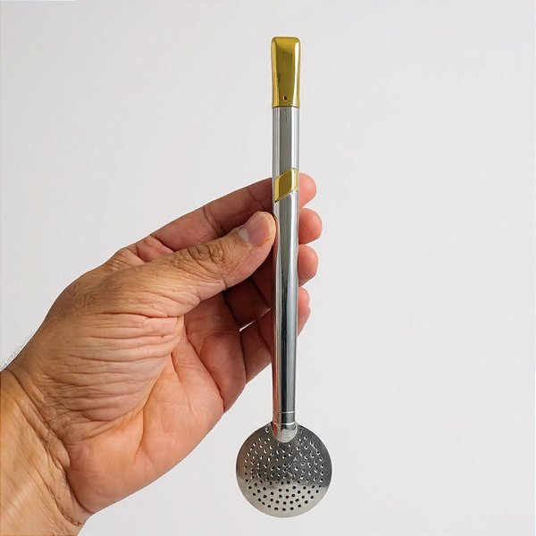 Bomba Mate de Inox chapinha Gravação de ouro 24k Cano Reto 21CM