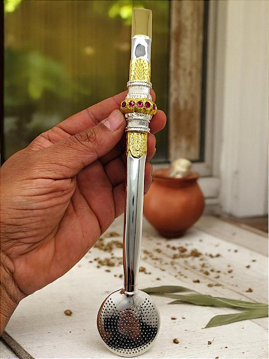 Bomba de Chimarrão de prata 600 11 pedras bojo rosca sistema de Mil Furos