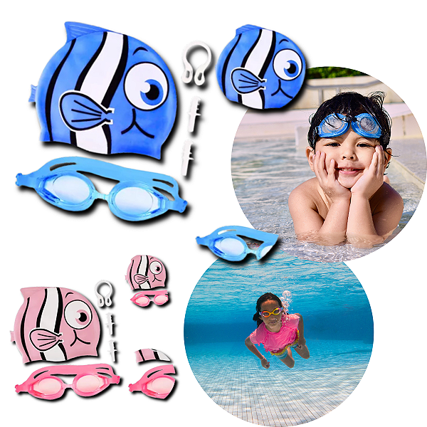 Kit Natação Infantil Peixe Menino E Menina Touca  Óculos Mergulho Silicone Com Protetor 5 Peças