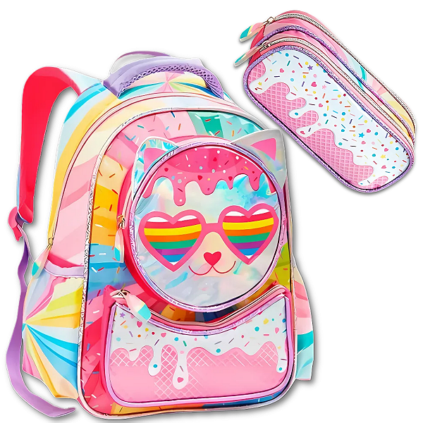Kit Mochila e Estojo Escolar Colorida Gatinho Resistente Lançamento - DANLEX