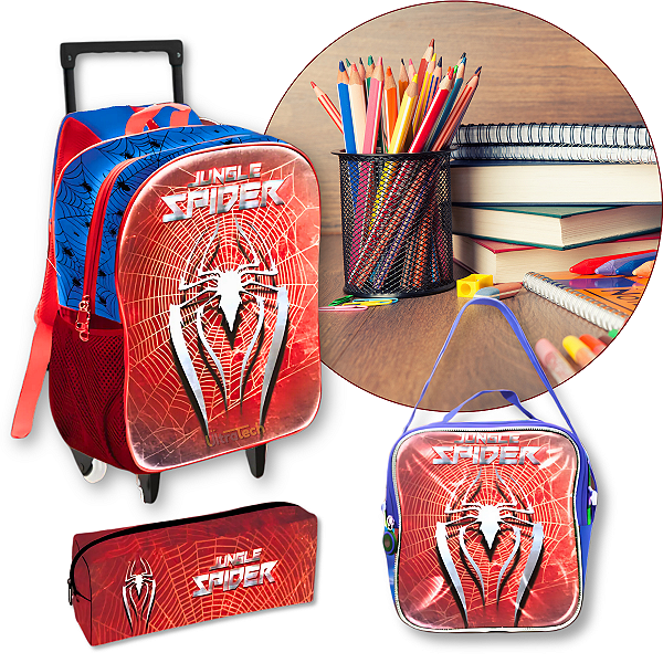 Kit Mochila Rodinha Escolar Jungle Spider Resistente Lançamento - DANLEX