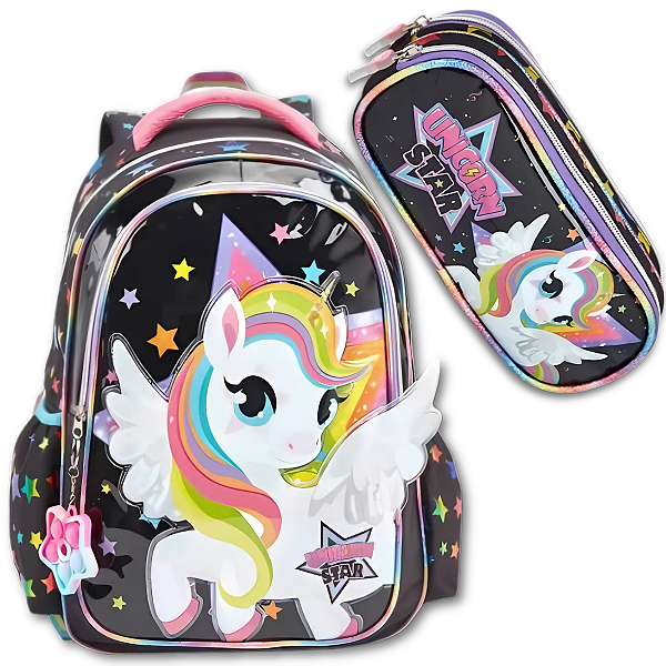 Kit Mochila e Estojo Escolar Unicornio Resistente Lançamento - DANLEX