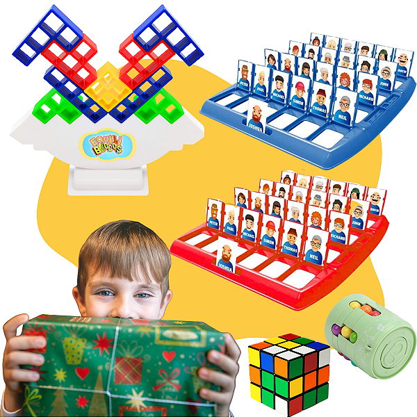 Kit Jogo Quem Sou Eu Educativo Tabuleiro Cartas e Jogo Torre Encaixe Equilibre Blocos Tetris Caiu Perdeu Tower - envio imediato