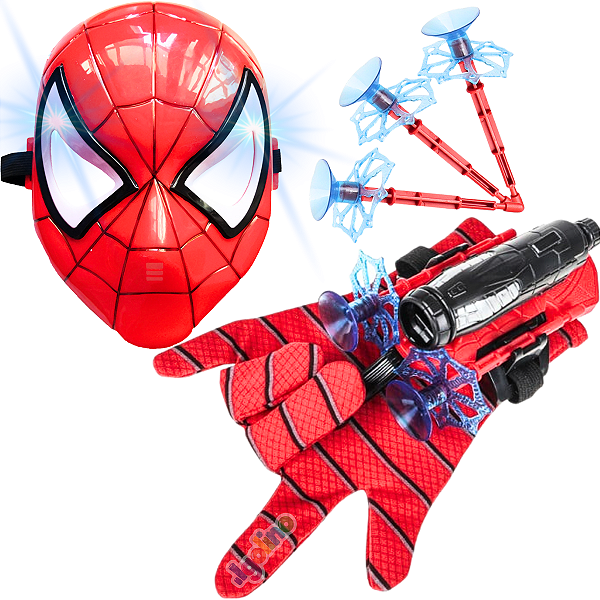 Kit Luva Aranha Lançador de Teia Luva Lança Dardos +máscara Aranha com LED  Para Crianças.