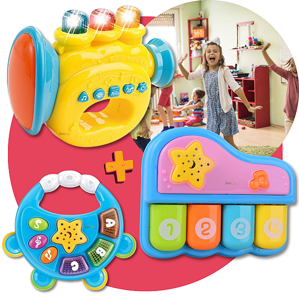 "Kit Instrumentos Musicais Infantil - Trompete, Pandeiro e Piano para Pequenos Músicos!"