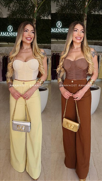 Conj. Cropped/Corset Calça Pantalona 5 Estrelas !