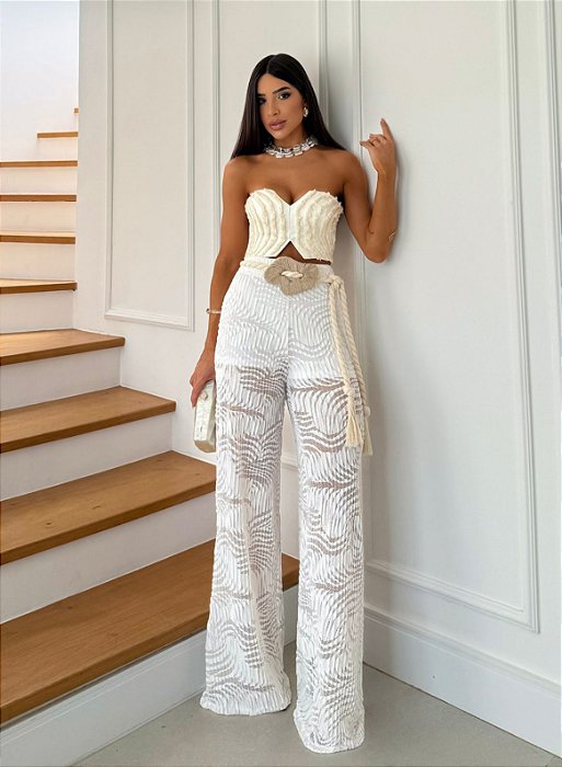 Conj. Cropped Franjas/Calça Pantalona Cinto Corda 5 Estrelas !