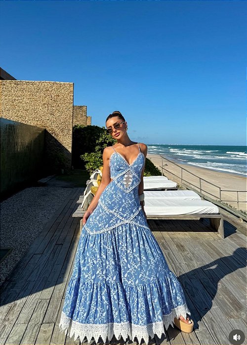 Vestido Tricoline Longo Estampado/Guipir 5 Estrelas !