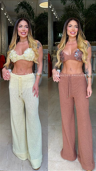 Conj. Crochê Calça/Top Flor 3D Paetês 5 Estrelas !