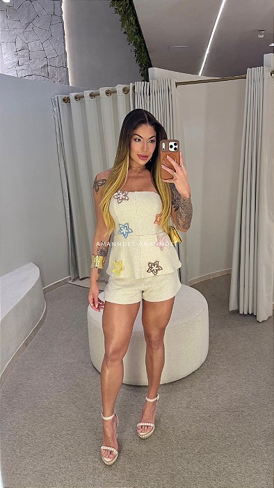 Conj. Linho Peplum TQC Bordado/Short 5 Estrelas !