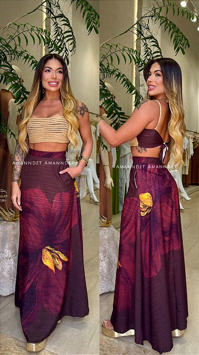 Conj. Cropped Corda/Saia Longa Evasê Flora Bela !