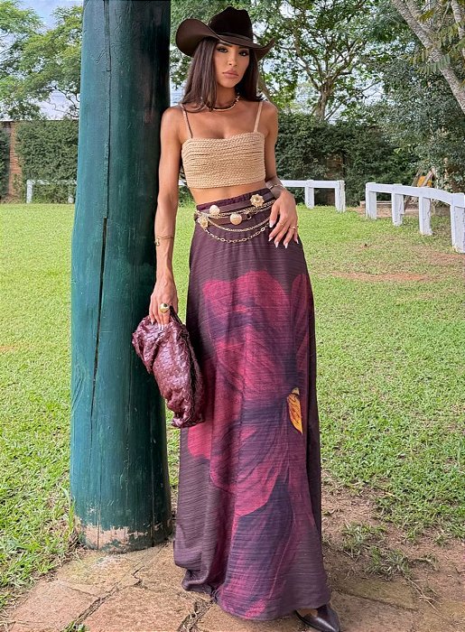 Conj. Cropped Corda/Saia Longa Evasê Flora Bela !