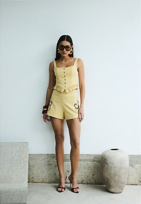 Conj. Linho Blusa Babados/Shorts Bordado 5 Estrelas !