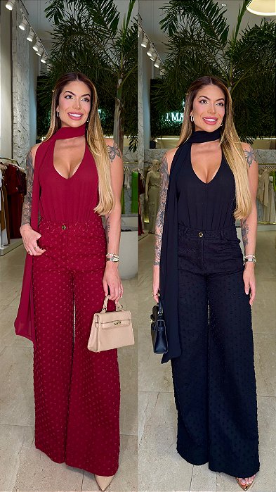 Conj. Body Crepe/Faixa Lenço/Calça Wide Leg Textura Maquinetada 5 Estrelas !