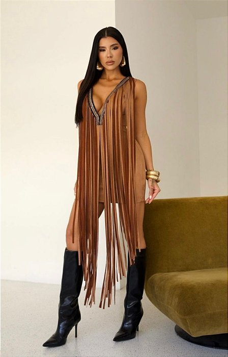 Vestido Sued Decote V/Franjas !