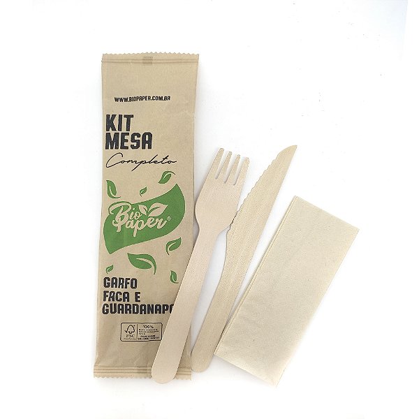 Kit Mesa Garfo e Faca de Madeira + Guardanapo Biodegradável Sachê c/ 100 Unidades -  Bio Paper