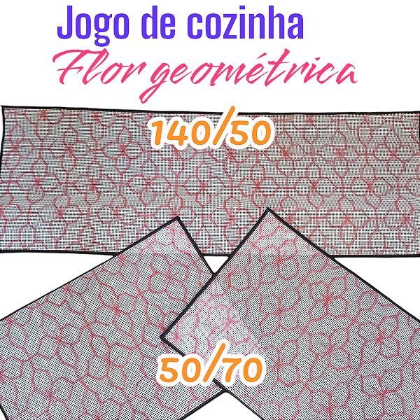 Jogo de cozinha talagarça desenhada flor geométrica 3 peças