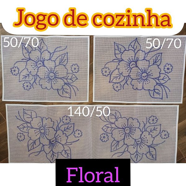 Jogo de cozinha talagarça desnhada floral