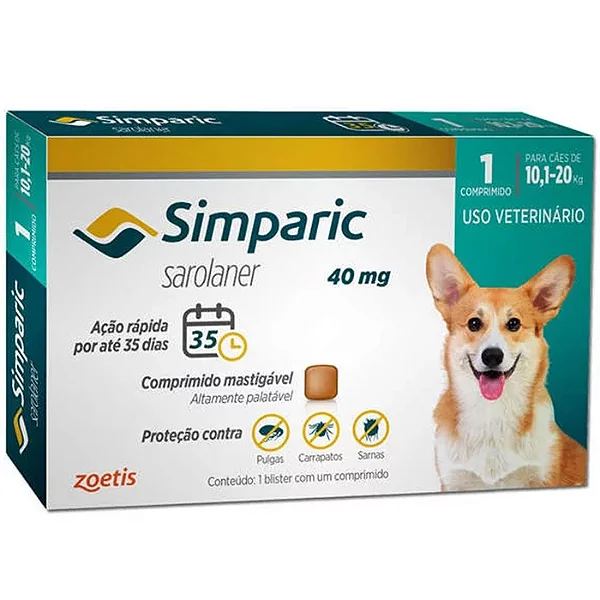 Antipulgas Simparic 10 a 20kg Cães 40mg 1 comprimido