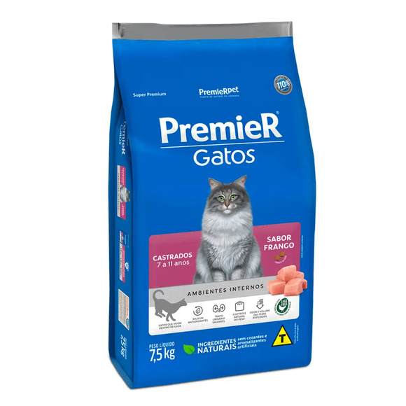 Ração Premier Ambientes Internos Gatos Castrados 7 a 11 Anos Frango 7,5 kg