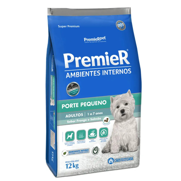 Ração Premier Ambientes Internos Cães Adultos Raças Pequenas Frango e Salmão 12 kg