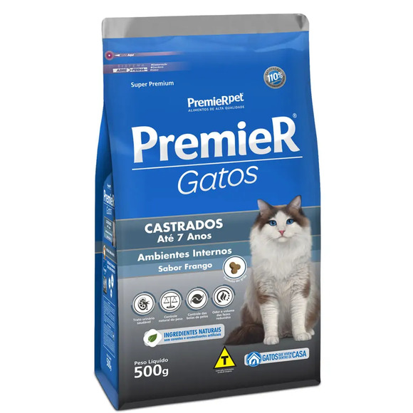 Ração Premier Ambientes Internos Gatos Castrados Até 7 anos Frango 500 g