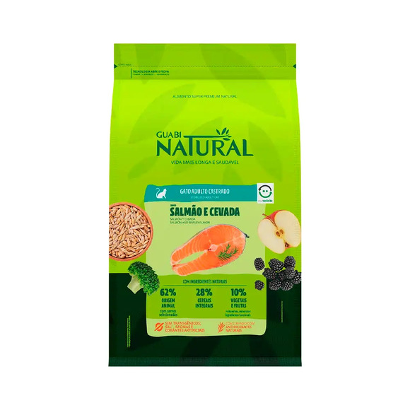 Ração Guabi Natural Gatos Adultos Castrados Salmão e Cevada 7,5 kg