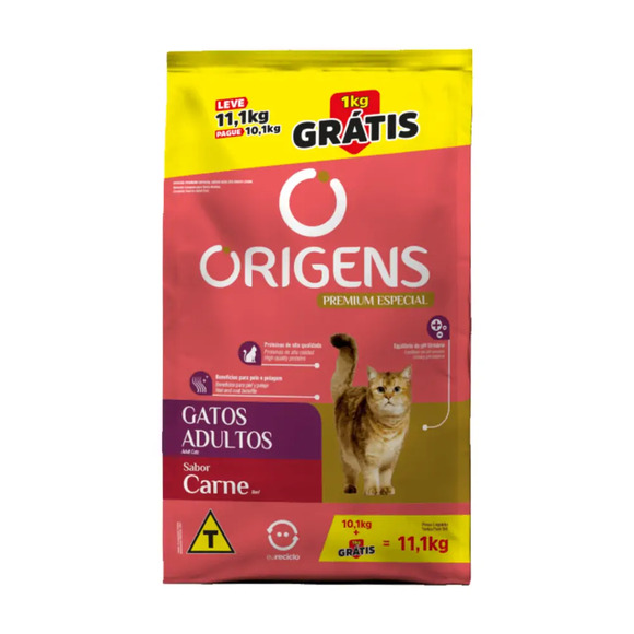 Ração Origens Gatos Adultos Carne Leve 11,1kg Pague 10,1kg