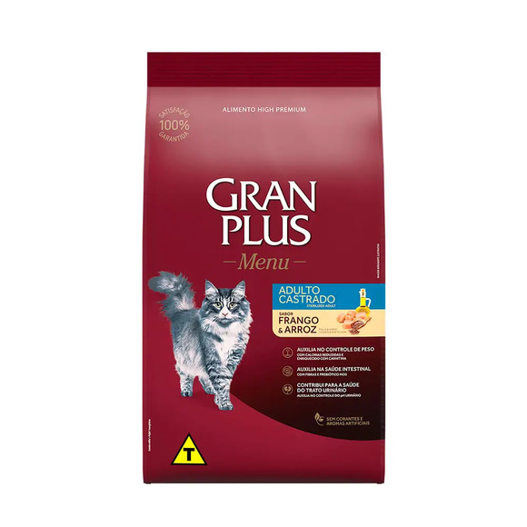 Ração GranPlus Menu Gatos Adultos Castrados Frango e Arroz 3 kg