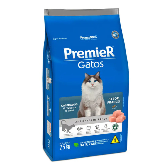 Ração Premier Ambientes Internos Gatos Castrados 6 Meses a 6 Anos Frango 7,5 kg